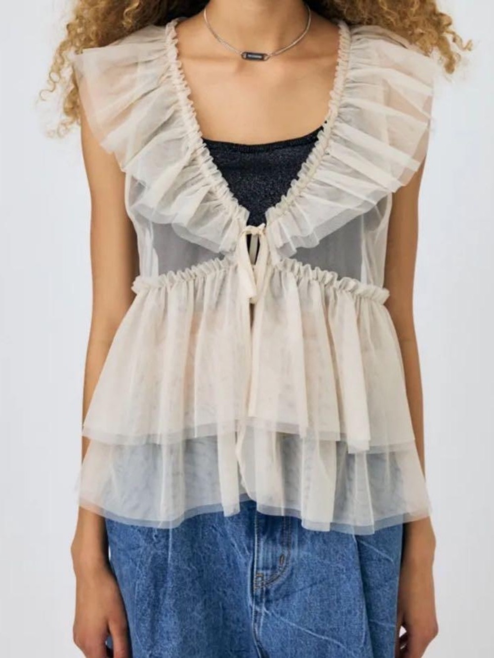 Moussy Cream Tulle Ruffled Blouse